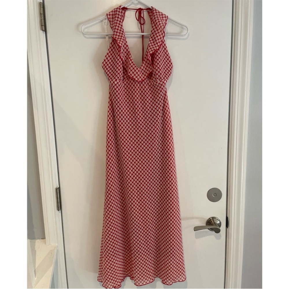 Betsey Johnson red/white ruffle V neck halter dress. Black label, size M